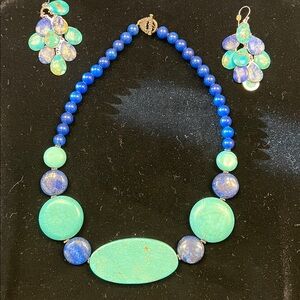 Turquoise and Lapis Lazuli Necklace and Matching Earrings with Sterling Clasp